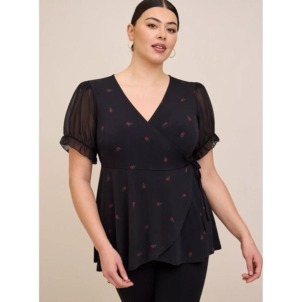 Torrid Women's Studio Knit Chiffon Puff Sleeve Surplice Top Black Floral Wrap 1X